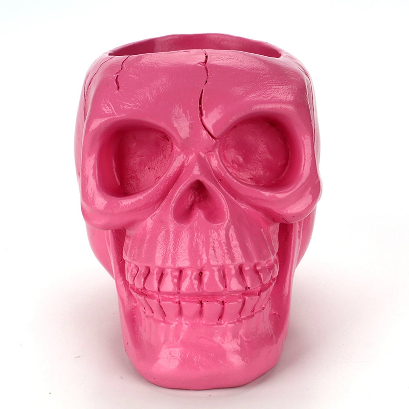3D Skull Head Figurine Skeleton Ornament Stationery Holder Pink Makeup Storage Container Flower Pot Jewellery Box Home Decor