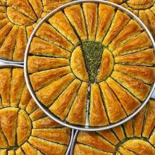Traditional fresh delicious Turkish Carrot Slice baklava with pistachio. Dessert Baklava Famous Brand Turkish Baklava pistachio