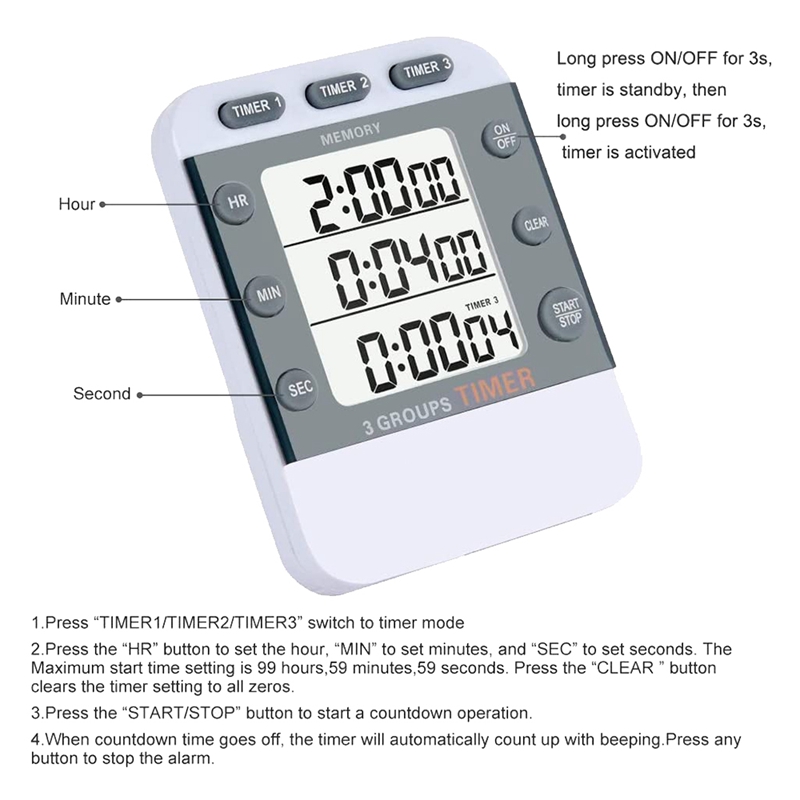 YS Digital Timer 100 Hour Triple Count Down/Up Timer Kitchen Cooking Timer,with Large Display,net Bracket,Alarm Clock