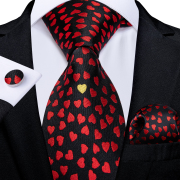 New Fashion Little Red Heart Pattern Black Men Tie 100% Silk Ties Business Wedding Party Tie Set Handkerchief Men's Gift DiBanGu