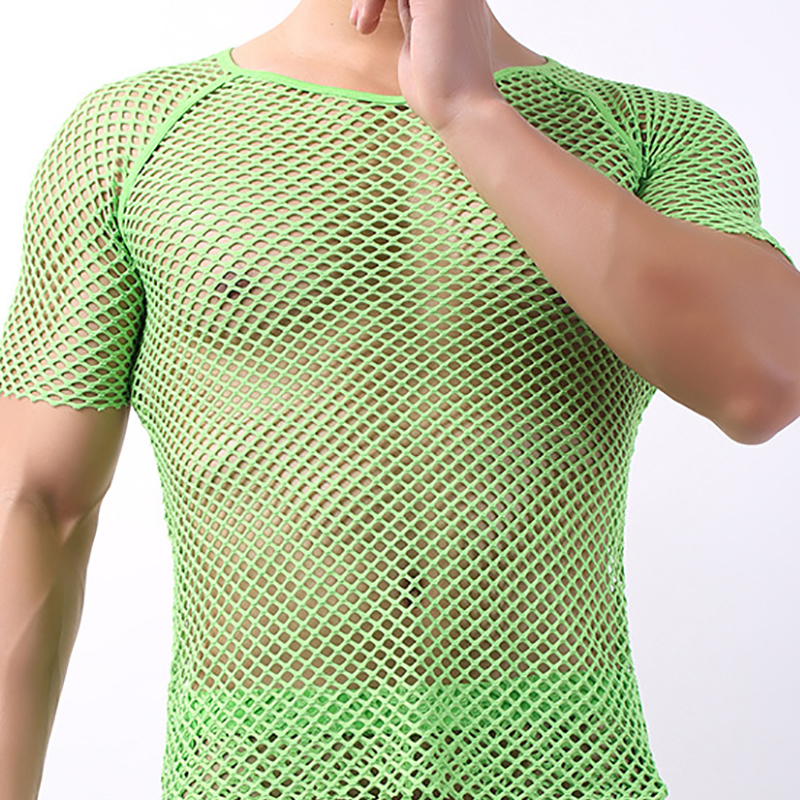 Men Undershirts Shorts Sleeve Hollow Out T-shirts Sexy Mesh Fishnet Shirts Sheer Slip Sleepwear Sports Causal Loose Top Camiseta