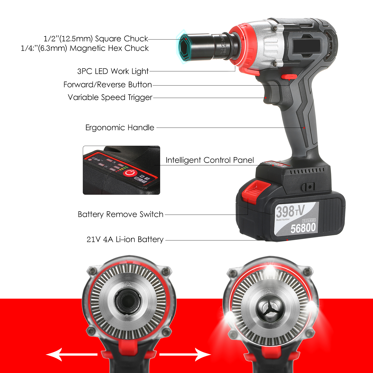 Powerful Impact Wrench Electric Burshless Impact Cordless Wrench 980NM Electric Wrench Rechargeable Lithium Battery