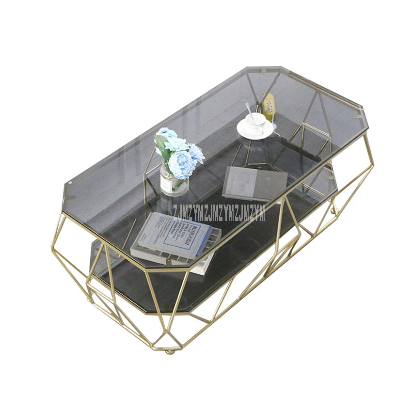 Nordic Rectangular Tea Table With LED Light Creative Double Layer Toughened Glass Desktop Iron Art Leg Modern Living Room Table