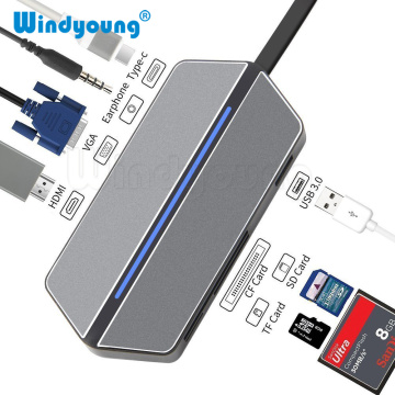 USB C Thunderbolt USB Hub 3.0 Type C Adapter USB C 3.0 USB-C to VGA HDMI 3.5mm Audio Jack CF SD TF Card Slot for Macbook Laptop
