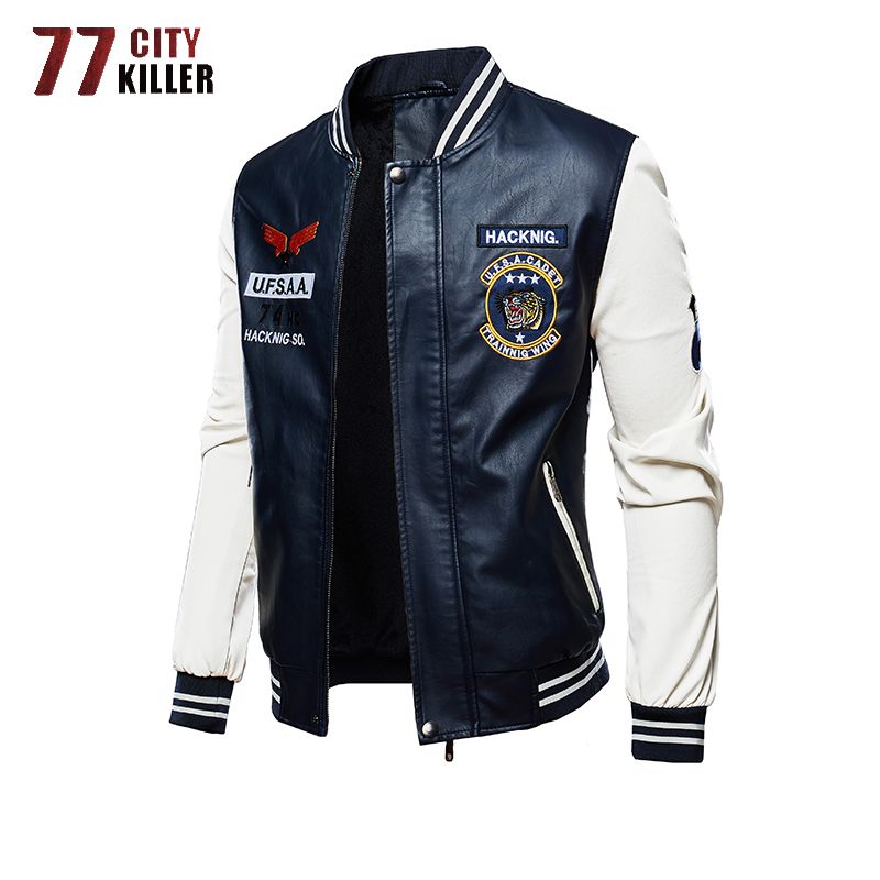 77City Killer 2020 New Leather Jacket Men Windbreaker Motorcycle Patchwork Baseball Jackets Male Fleece Warm Faux Leather Jacket