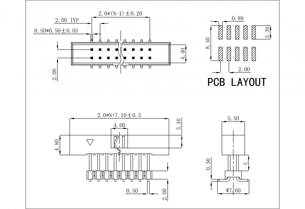 2.0x2.0mm Dual Row Box Header SMT180° H=4.8 Add Housing