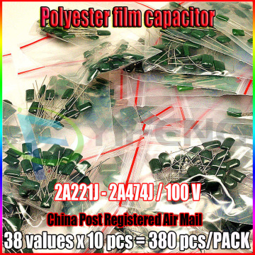 100V Mylar Film Capacitor assorted Kit 2A221~2A474J 220pF~470nF 38value x 10pcs Polyester Film capacitor
