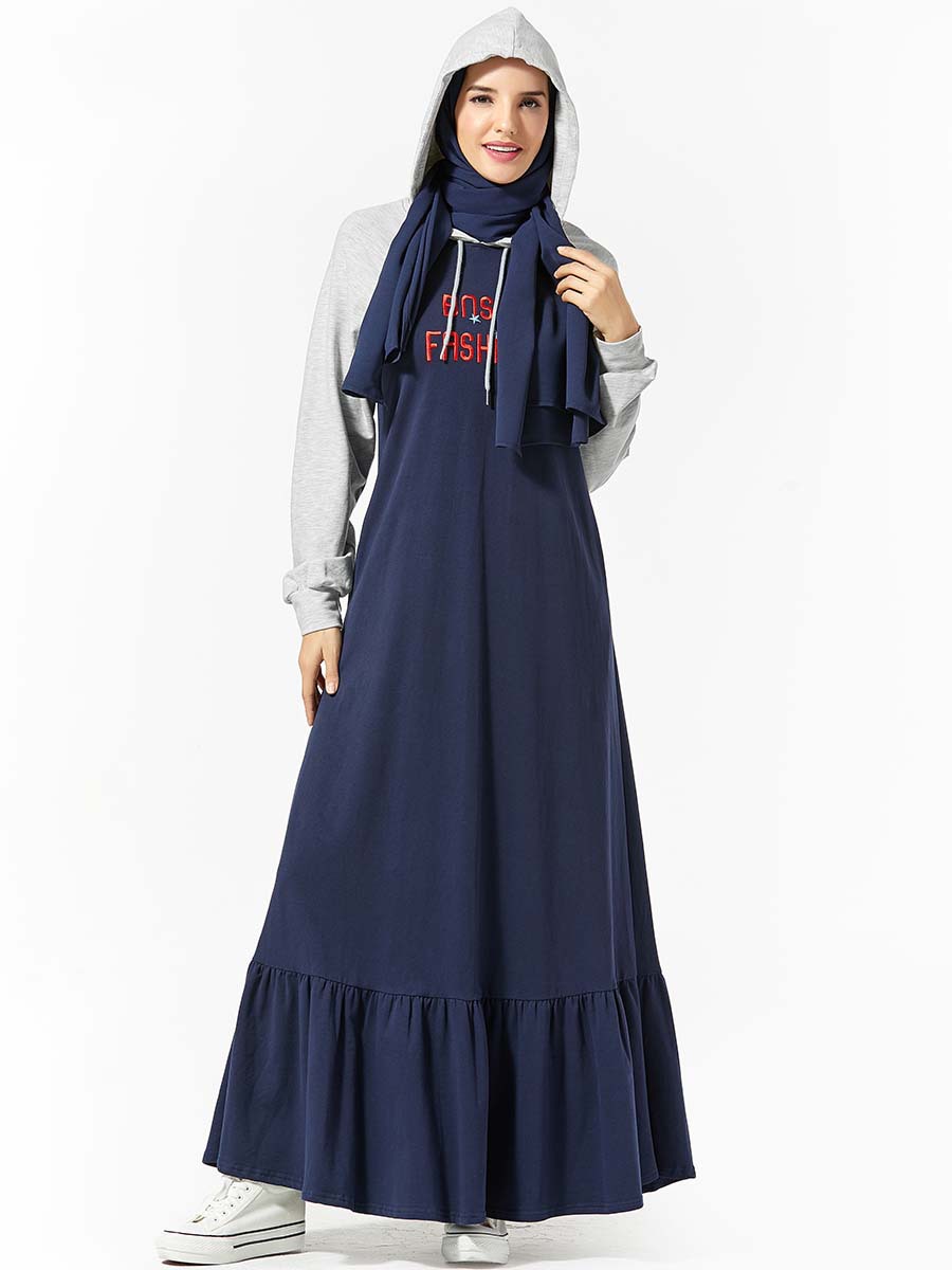 Hooded Tracksuit Long Dress Women Muslim Dubai Turkey Letter Jogging A-line Maxi Dress Sport Wear Side Pockets Islamic Clothing