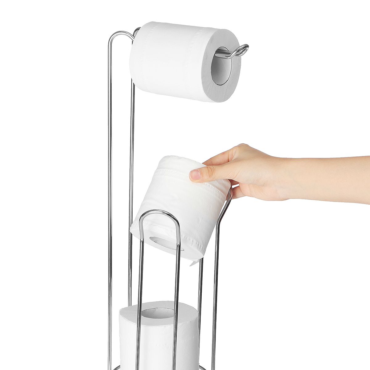 Paper Roll Stand Storage Toilet-Paper-Holder-Stand-Reserve-Storage-Dispenser-Free-Standing-Holder-Bathroom-Roll-Tissue-Chrome