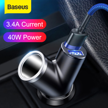 Baseus 3-in-1 Dual USB Car Charger for iPhone X Xs XR Xiaomi 3.4A Fast USB Car Phone Charger with Extended Power Supply Port