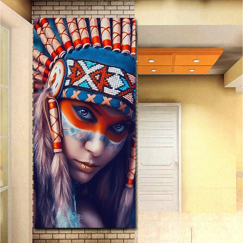 Modern Oil Painting Indian Girl with Feathered Portrait Pop Art Canvas Painting Poster Wall Picture for Living Room Home Decor