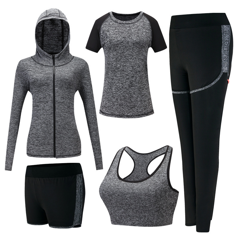 Quick dry women yoga clothing hooded coats+t shirt+bra+shorts+pants 5 pieces set womens autumn outdoor running sportswear gym