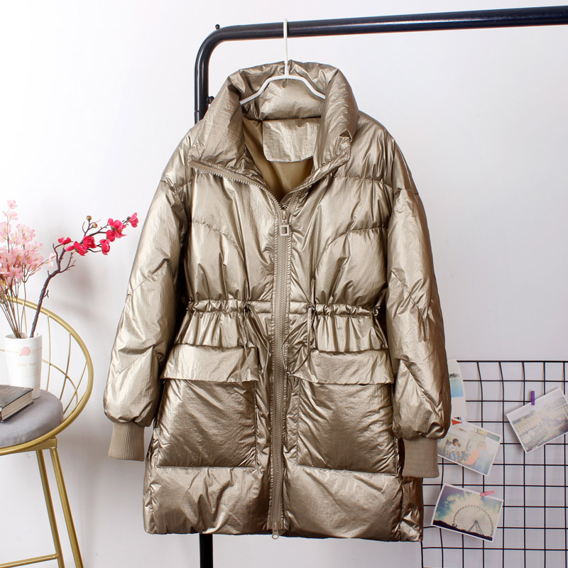 Women Long White Duck Down Jacket Stand Collar Female Thick Loose Style Warm Coat With Waistband Windproof Good Quanlity