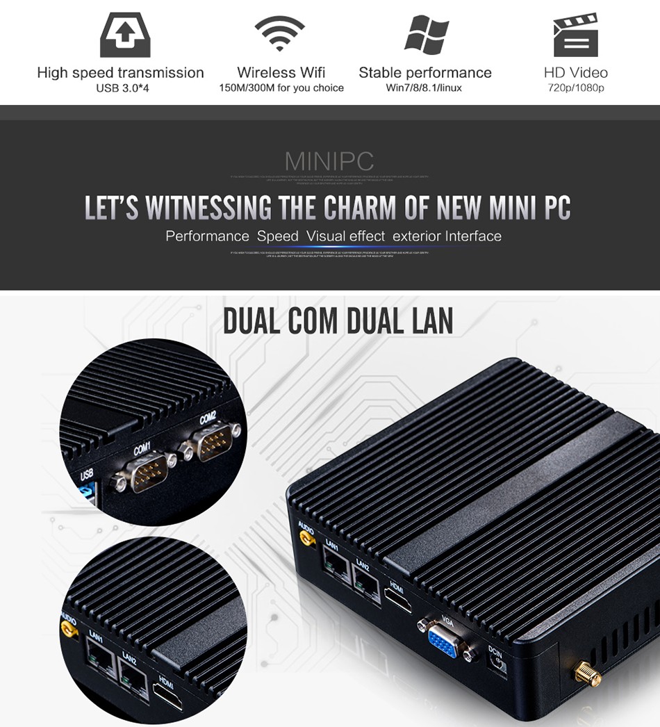 Mini PC Celeron J1900 Quad-Core Dual LAN 2*COM Fanless Mini Computer Celeron N2830 J1800 Windows 10 NetTop 300M WIFI HDMI VGA
