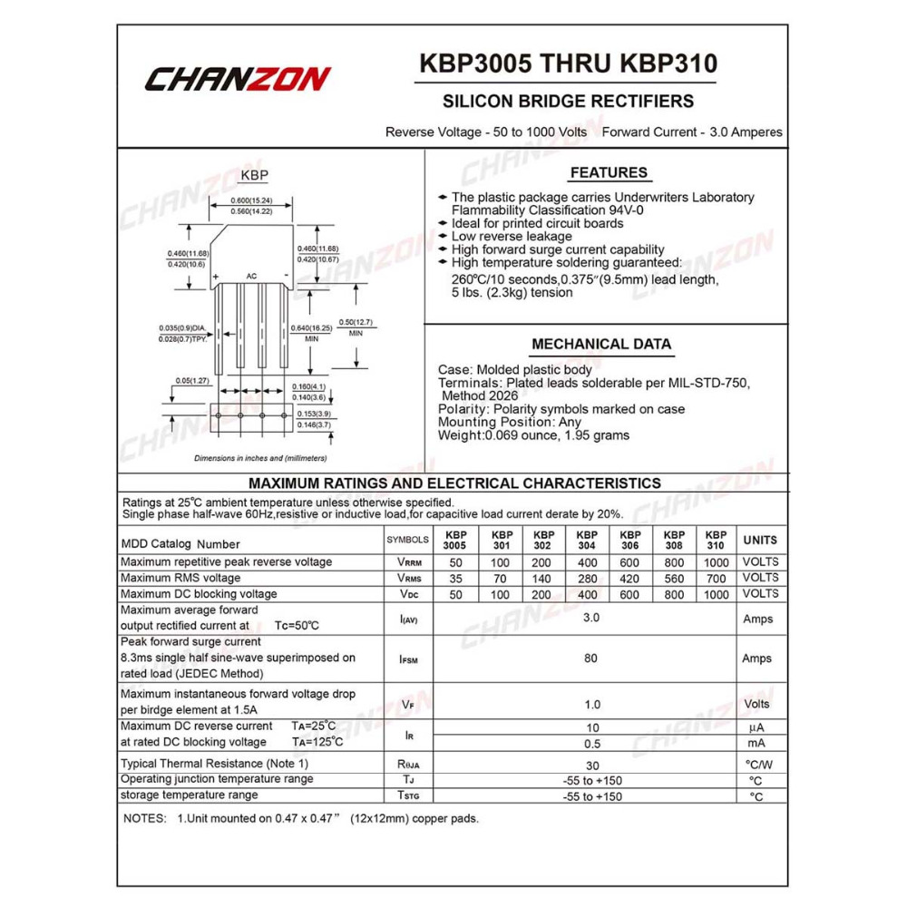 20 Pcs Bridge Rectifier Diode KBP310 3A 1000V KBP-4 (SIP-4) Single Phase Full Wave 3 Amp 1000 Volt KBP 310 Silicon