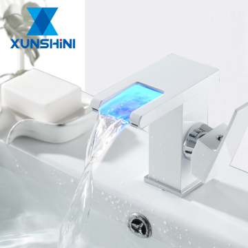 XUNSHINI Bathroom Sink LED Waterfall Faucet RGB Color Change Hot and Cold Basin Faucet Brass Mixer Tap Sink Faucet Toilet Taps