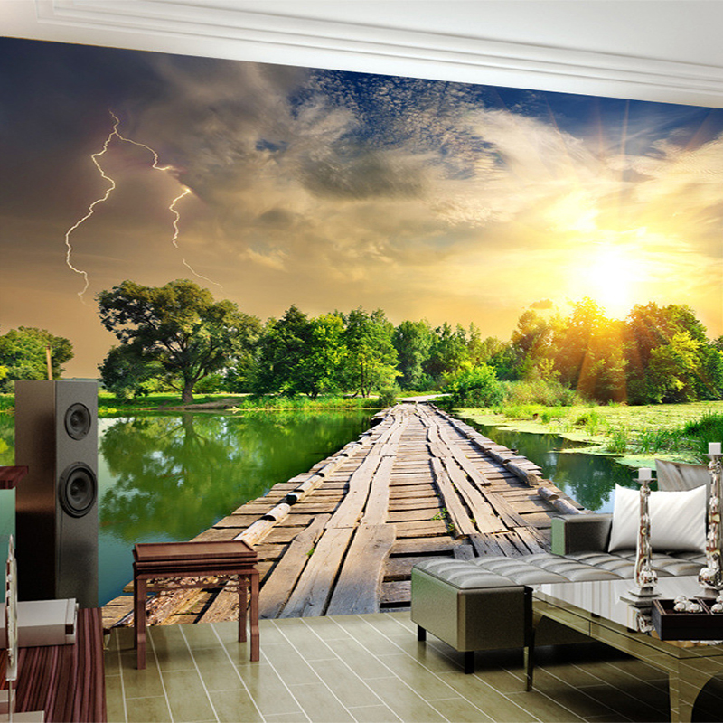 3D Wallpaper Classic Wood Bridge River Sunset Forest Nature Landscape 3D Wall Mural Living Room TV Backdrop Home Decor Frescoes