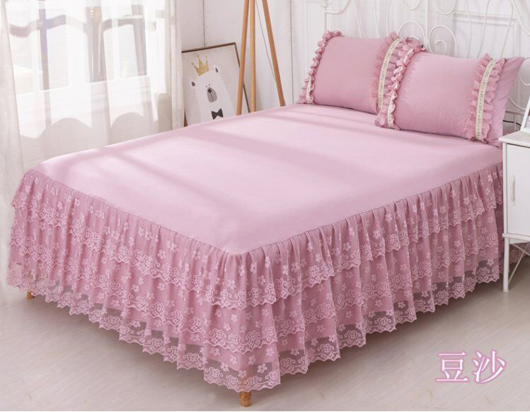 Beige/Pink/Purple Lace Bed Skirt 3pcs Solid Color bedding Bed sheet Princess Bedspread Mattress Bed cover Full Queen King Size