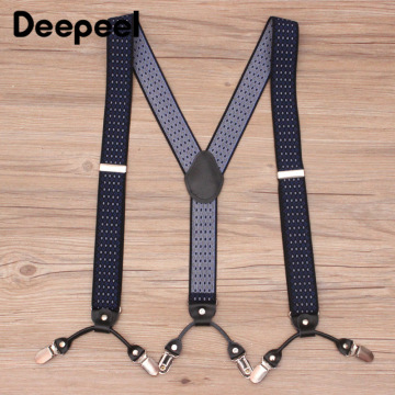 Deepeel 1pc 3.5*120cm Mens Blue White Dot Pattern Elastic Suspenders Y-Back 4 Clips Adjustable Braces for Men Old Man YB610