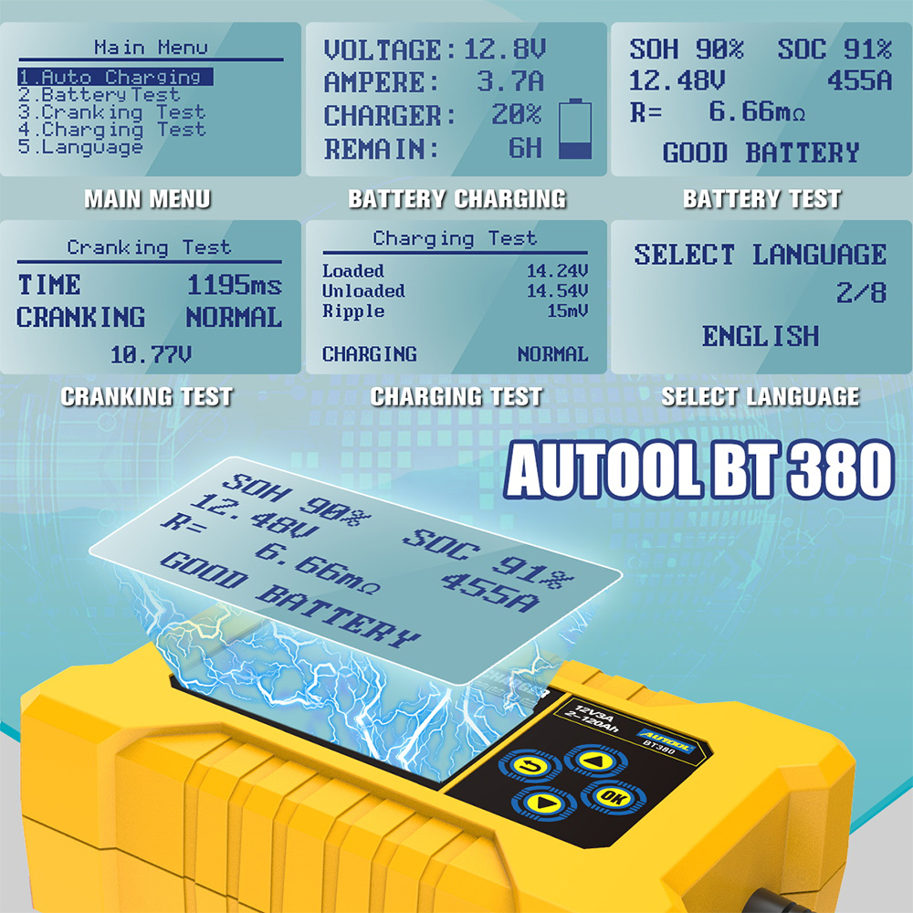 AUTOOL BT380 12V Auto Battery Tester & Car Battery Charger 2 in 1 Automotive Battery Analyzer Cranking Charging Diagnostic Tool