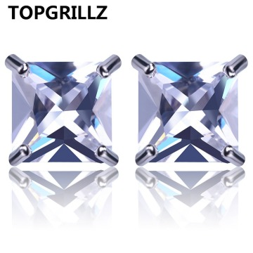 TOPGRILLZ Silver Color Plated Iced Out Micro Pave 4mm Square CZ Stone Lab D Stud Earrings With Screw Back Hip Hop Earring