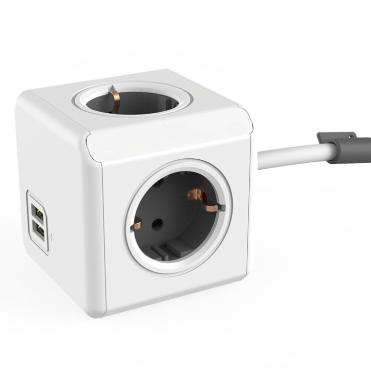 PowerCube Power Strip USB Socket EU Plug Multi Smart Plug Extension EU Electrical 16A 4 Outlet 2.1A Home Charging Gray Household