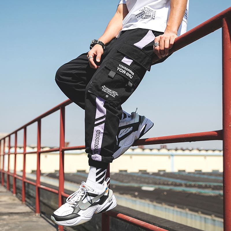 Hip Hop Ribbons Cargo Pants Men Joggers Pants Mens Streetwear Military Pants 2020 Fashion Male Elastic Waist Pant Cotton Black