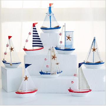 New Mini Mediterranean Nets Starfish Sailboat Ornament Wooden Blue White Stripe Sailing Ship Model Crafts Home Nautical Decor