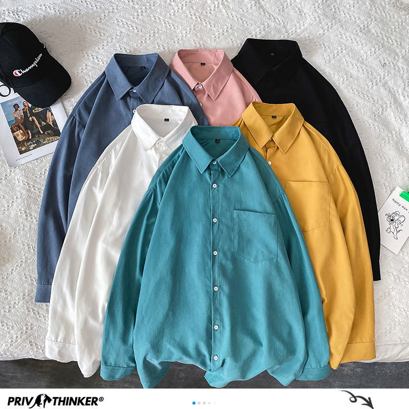 Privathinker Solid Color Oversized Basic Men's Shirts 2020 Harajuku Men Casual Long Sleeve Shirt Tops Streetwear Man Blouse