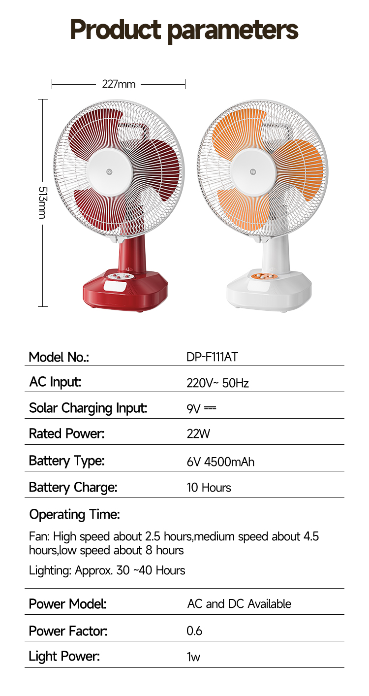 07-F111AT-F111AT-12 Inch Rechargeable Table Floor Solar Fan AC DC with LED Light