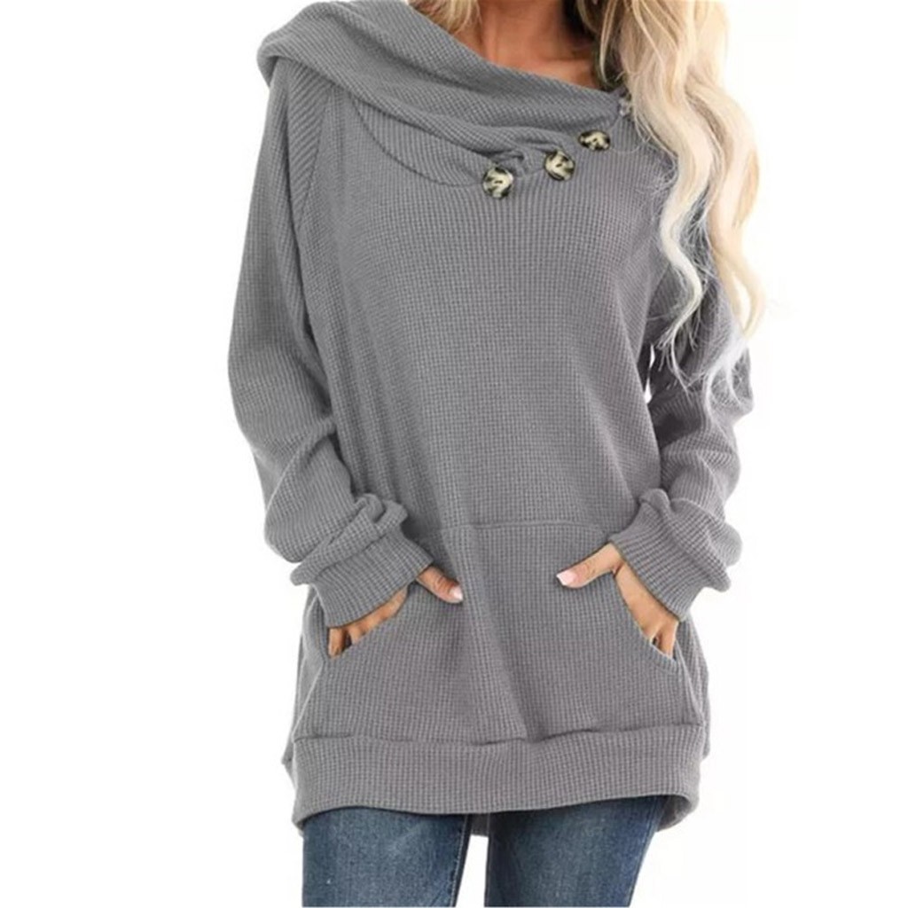 Women Hoodies Sweatshirt Solid-color Large Pocket Button Pleated Knit Hooded Long Sleeve Hoodies Sweatshirt Sudaderas Mujer