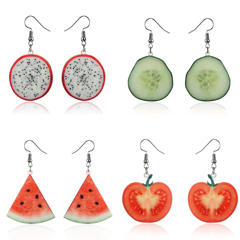 Acrylic Kawaii Cute Fruit Earrings Strawberry Pineapple Tomato Kiwi Orange Cucumber dragon apple Fresh Drop Dangle Jewlery Gift