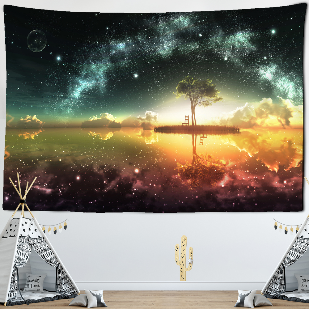 Psychedelic Vast Brilliant Starry Sky Tapestry Setting Golden Sunset Big Tree Printed Picture Cloth Home Wall Blanket Boho Decor