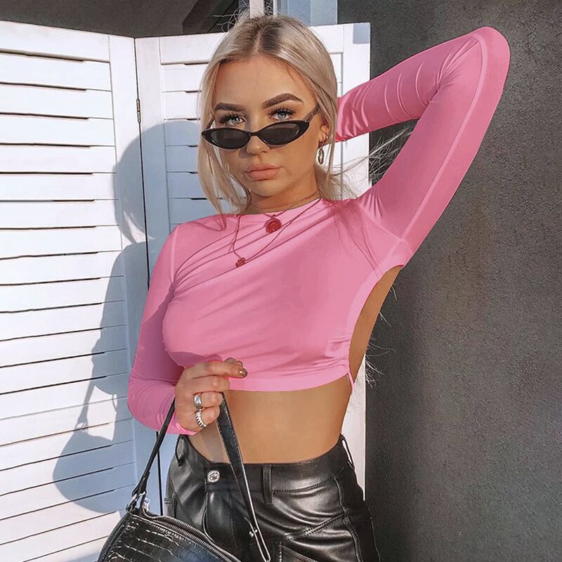 Casual Women Long Sleeve Bandage Crop Tops Ladies O Neck Sexy Backless Solid T-Shirts Slim Fit Shirts Clubwear