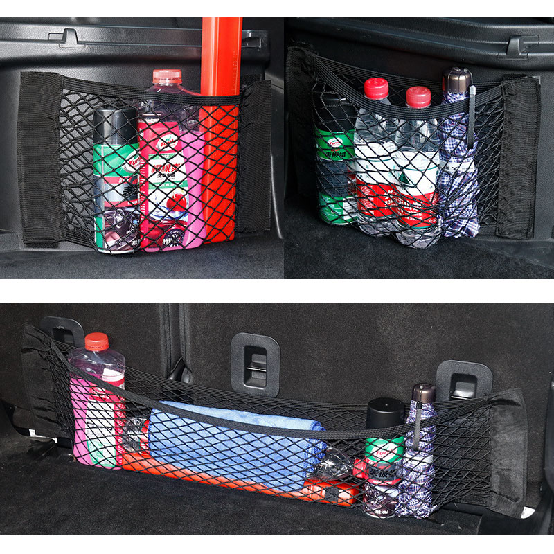 Car Rear Trunk Mesh Organizer Car Rear Seat Back Stowing Tidying Network Bag Trunk Elastic Velcro Pocket Car Organizers