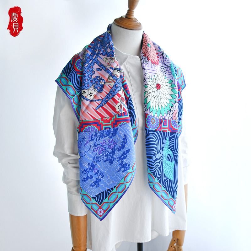 Chinese classic blue silk scarf women peacock peony painting Shawl hand edged natural silk 90cm square scarves bandana lady gift