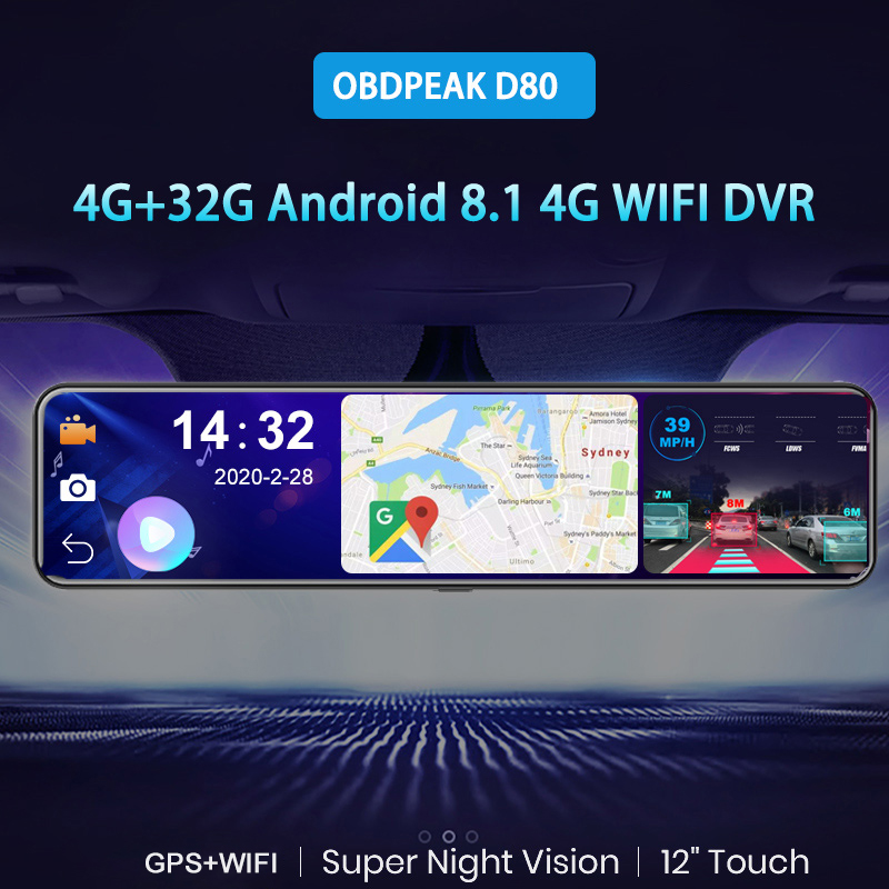 OBDPEAK D80 Smart Android Car Rearview Mirror Auto Recorder 4G WiFi GPS Navigation Rear View Mirror Car Dvr Dash Cam Mirror Dvr