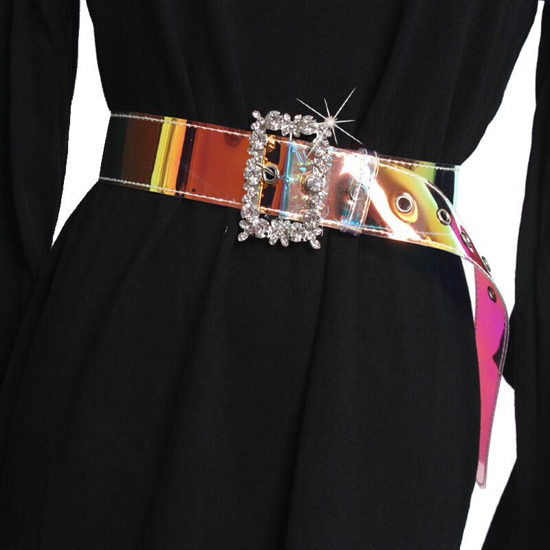 new pvc Transparent Belts for Women metal Rhinestone crystal pin buckle solid color Summer Female belt straps accessories