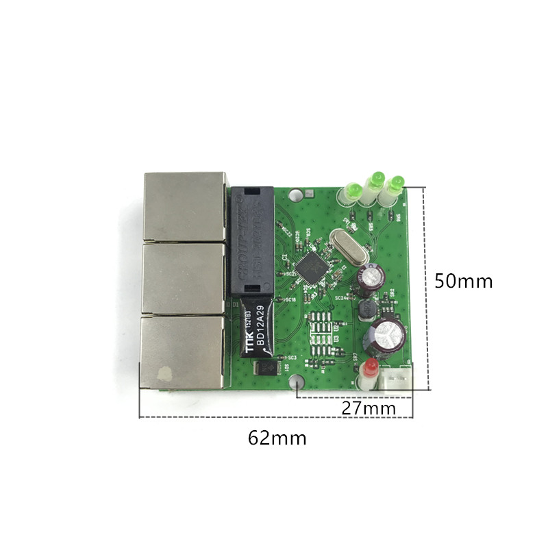 OEM factory direct mini fast 10 / 100mbps 3-port Ethernet network lan hub switch board two-layer pcb 5V 12V head port