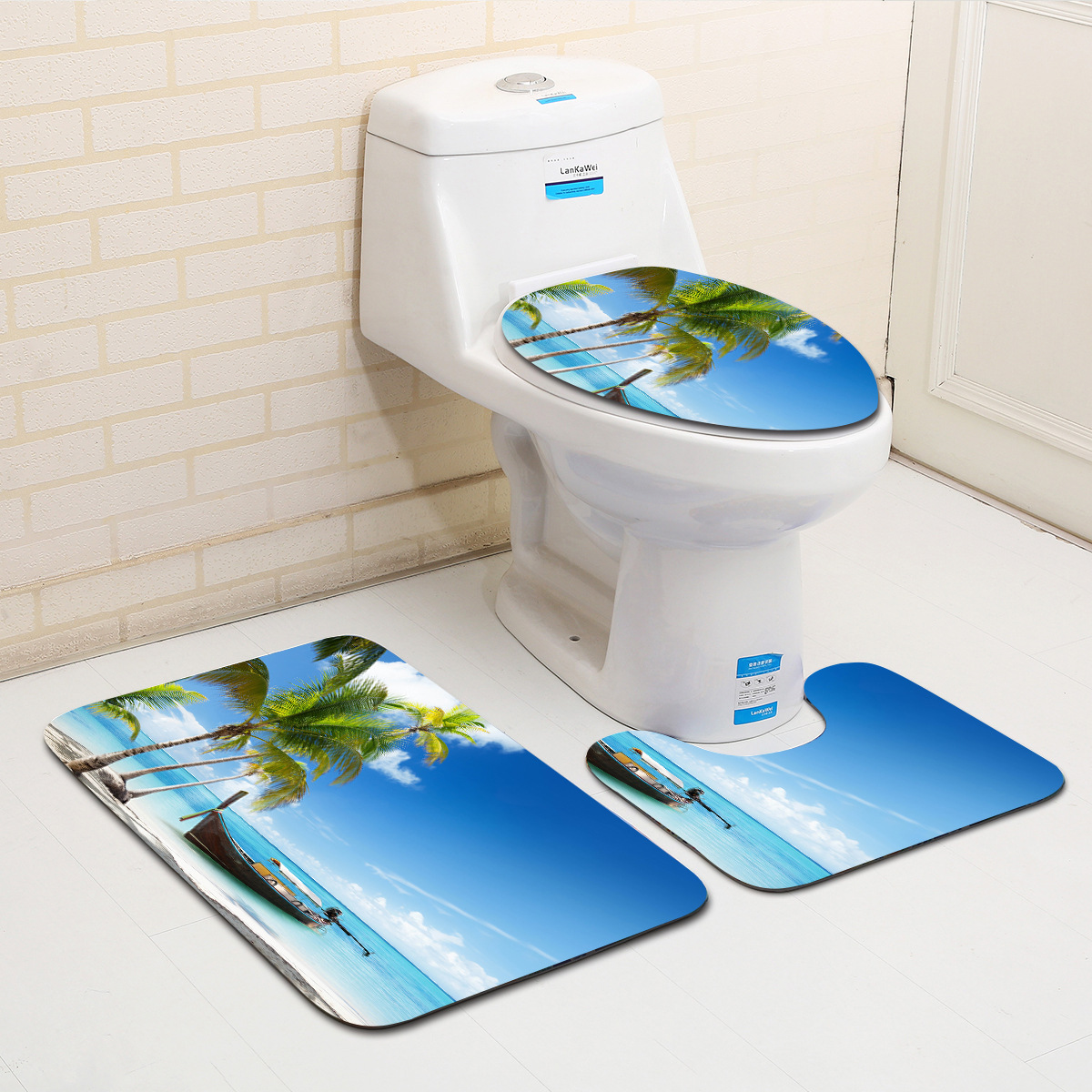 Zeegle 3Pcs Bathroom Bath Mat Set Seascape Pattern Bathroom Carpet Set Anti-slip Floor Mats Toilet Rug Shower Room Mats Bath Rug