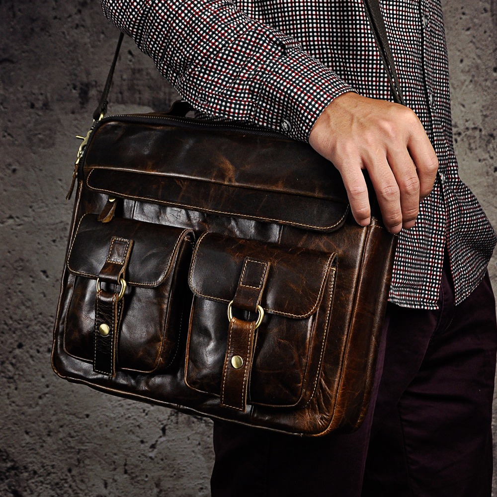 Men Quality Leather Antique Travel Business Briefcase 13" Laptop Case Attache Portfolio Bag One Shoulder Messenger Bag B207-c