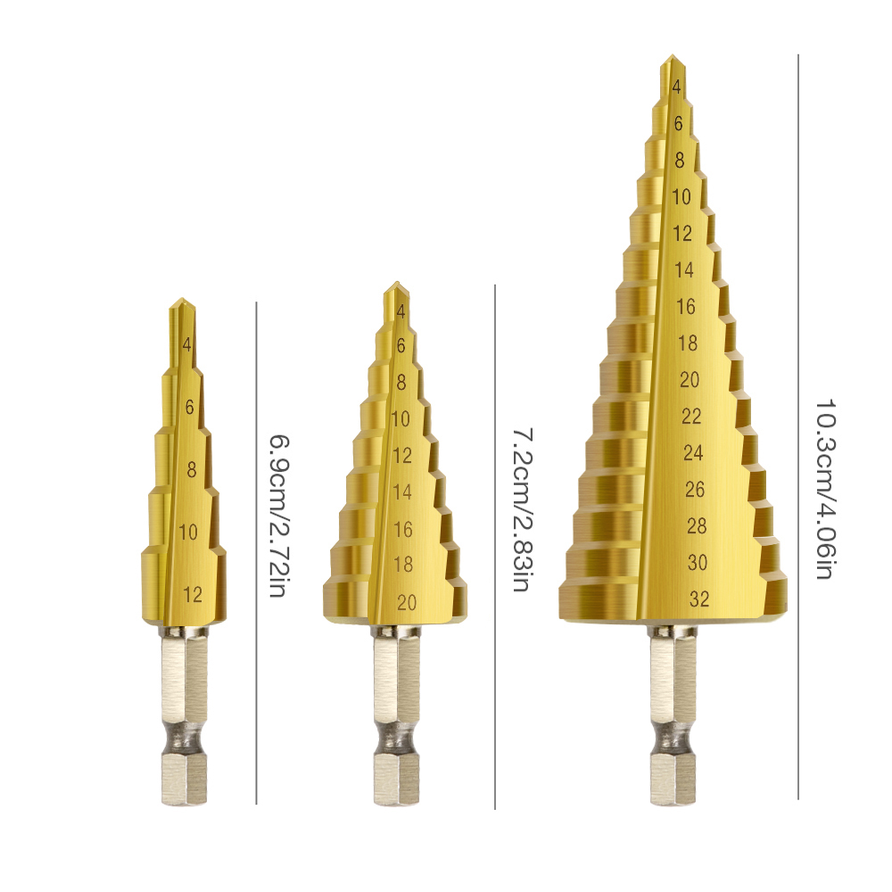 3pc Hss Titanium Coated Drill Bits Step Drill Bits Cone Metal Hole Cutter 4-12/20/32mm Hex Tapered Metal Drill Bits With Bag