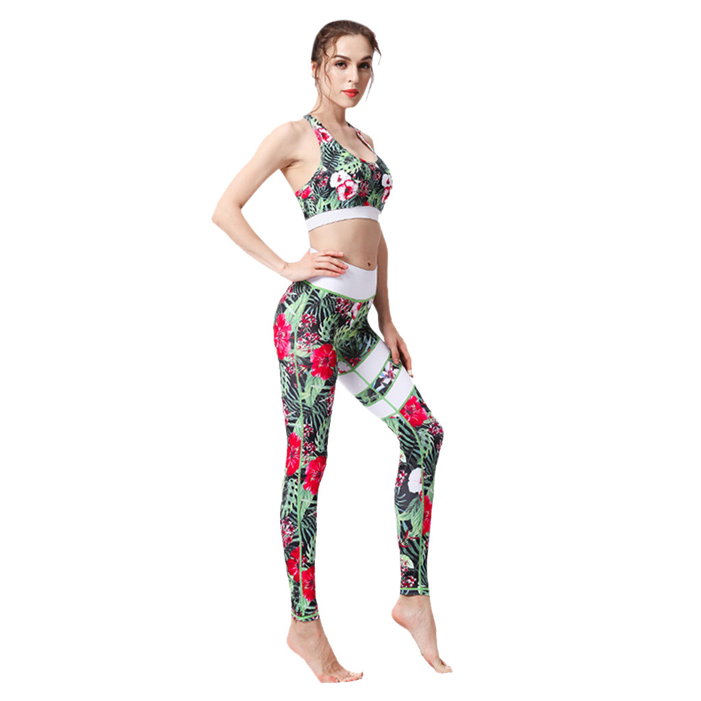 2020 New Sexy Ladies' Print Yoga Set High Waist Hip Bottom Pants Running Fitness Yoga Blouse Pant Suit спортивный костюм#40