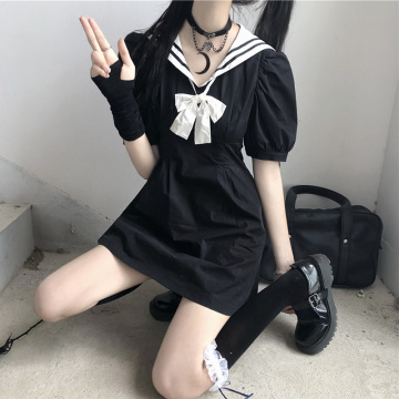 Japanese College Sailor Collar Puff Sleeve High Waist Slimming Sailor Suit JK Dress Female 2020 Summer japanese school uniform