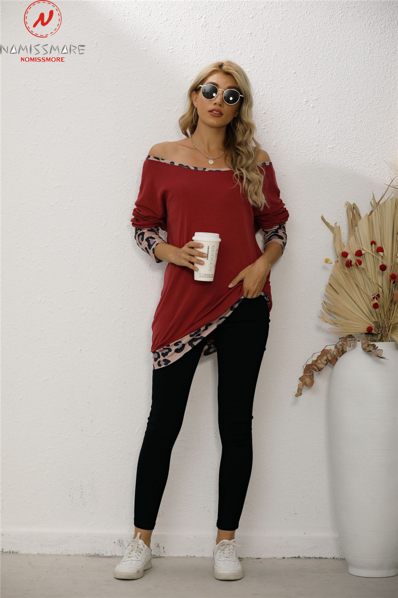 Fashion Women Casual Loose T-Shirts Colar Matching Design Slash Neck Long Sleeve Leopard Print Spring Autumn Pullovers Top