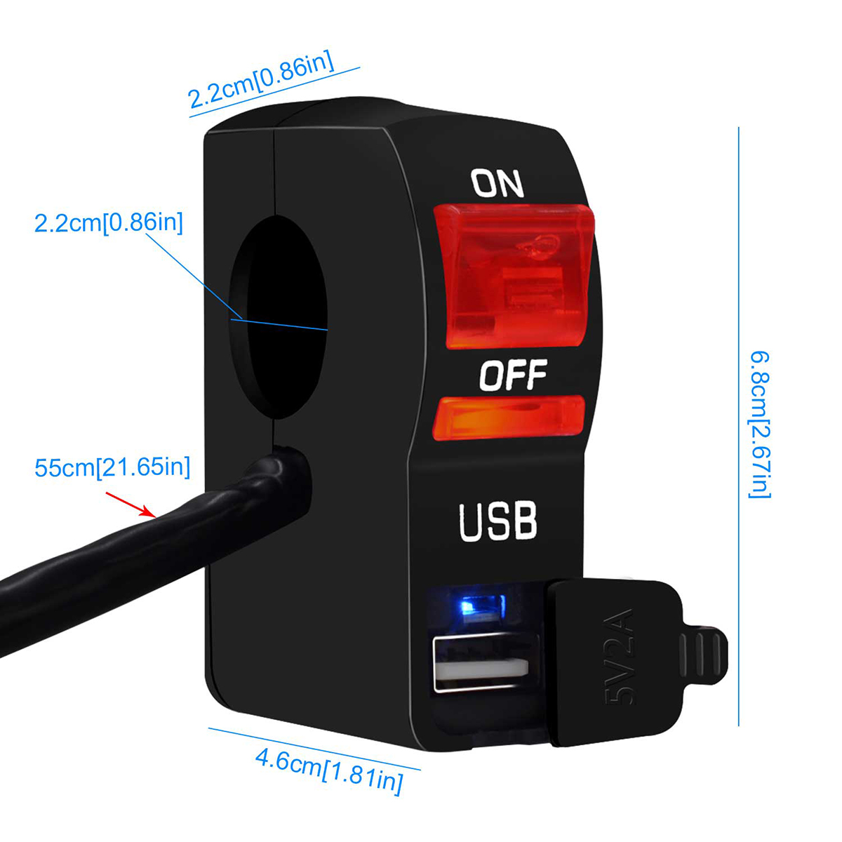 12V universal Waterproof Motorcycle 5V 2A output USB port Charger with Headlight ON/OFF Switch with blue LED Indicator Light
