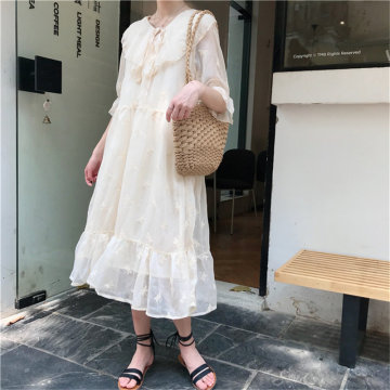 HziriP Hot Sale Apricot Chiffon Peter Pan Collar Embroidery 2020 Chic Sweet Fresh Girls Fairy Butterfly High Quality Dresses