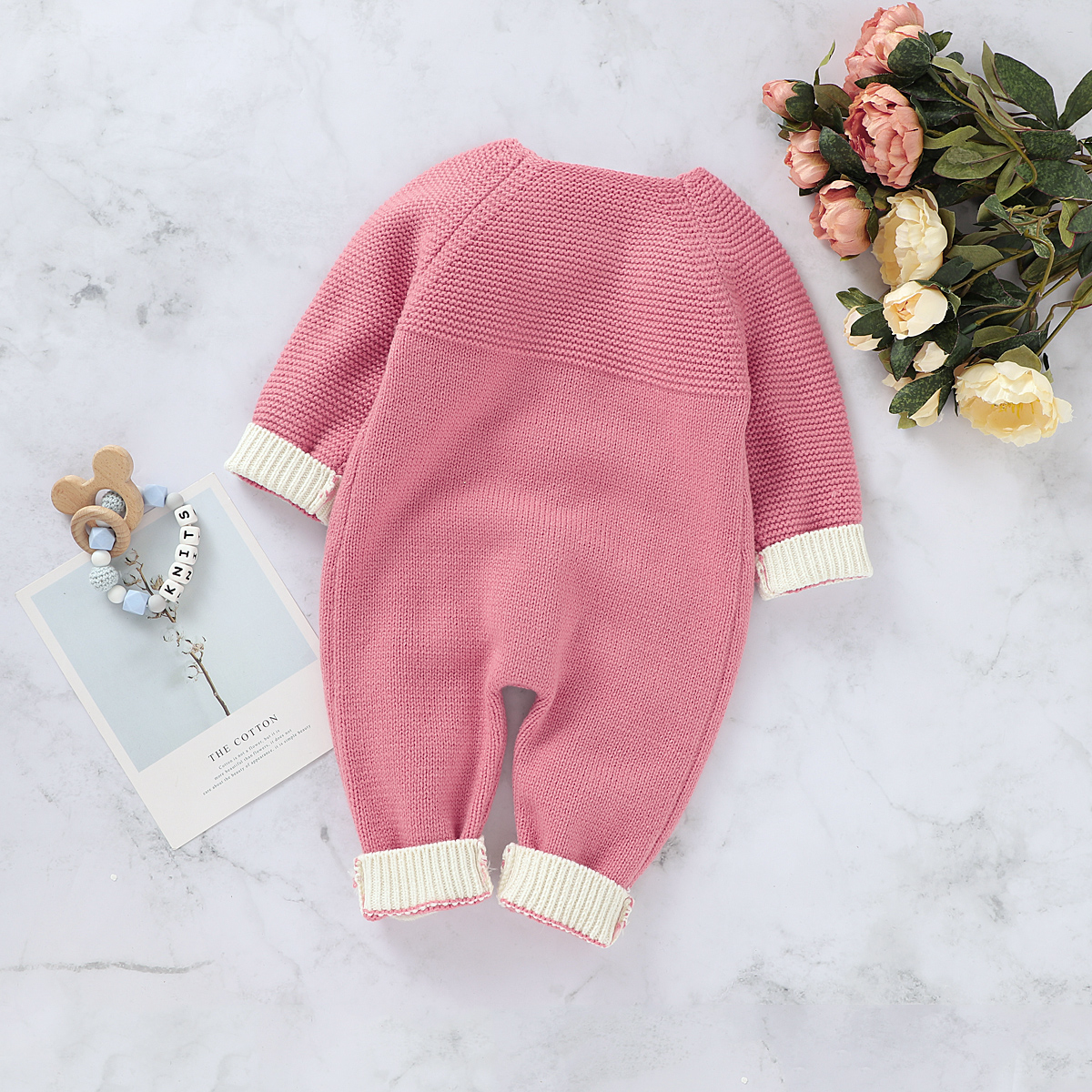 Baby Romper Knitted Warm Long Sleeve Winter Outfit Button-Down Round Neck Long Pants Color Block Spring Jumpsuit Romper