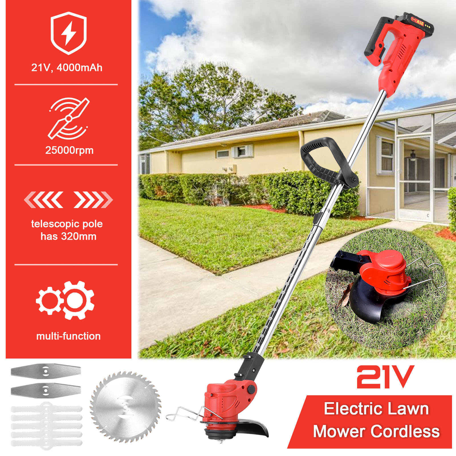 21V Electric Lawn Mower Cordless Household Grass Cutter Trimmer Brush Cutter Portable Pruning Garden Tool