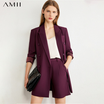 AMII Minimalism Autumn Causal Women Set Solid Lapel Double Breasted Office Coat High Waist Loose Shorts Female Suit 12060012